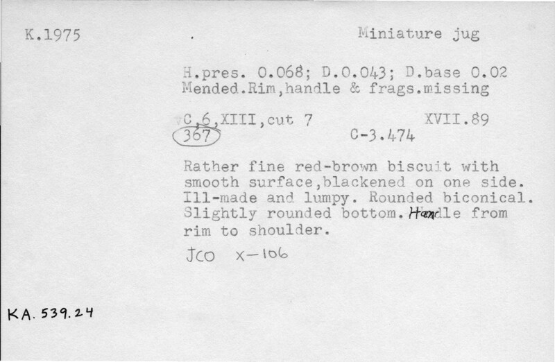 Index card with typed and handwritten information, sometimes including a sketch, of pottery from an excavation.