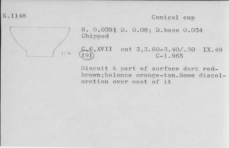 Index card with typed and handwritten information, sometimes including a sketch, of pottery from an excavation.