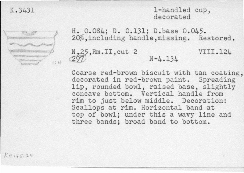 Index card with typed and handwritten information, sometimes including a sketch, of pottery from an excavation.