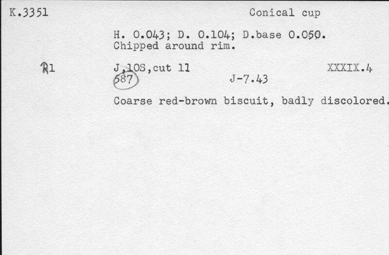 Index card with typed and handwritten information, sometimes including a sketch, of pottery from an excavation.