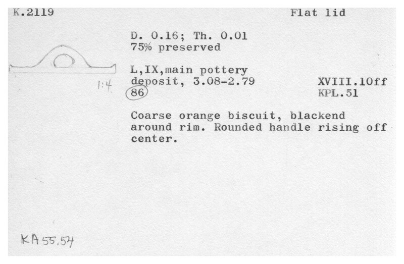 Index card with typed and handwritten information, sometimes including a sketch, of pottery from an excavation.