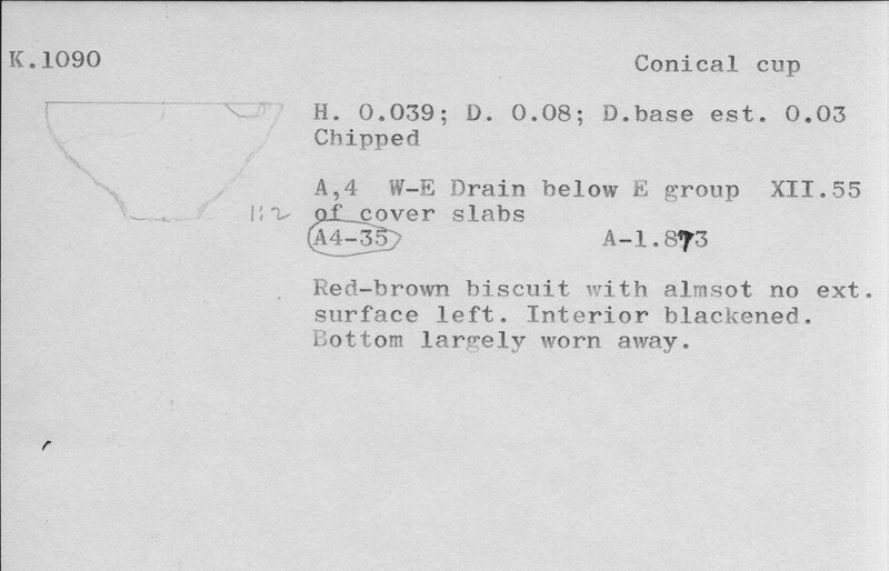 Index card with typed and handwritten information, sometimes including a sketch, of pottery from an excavation.