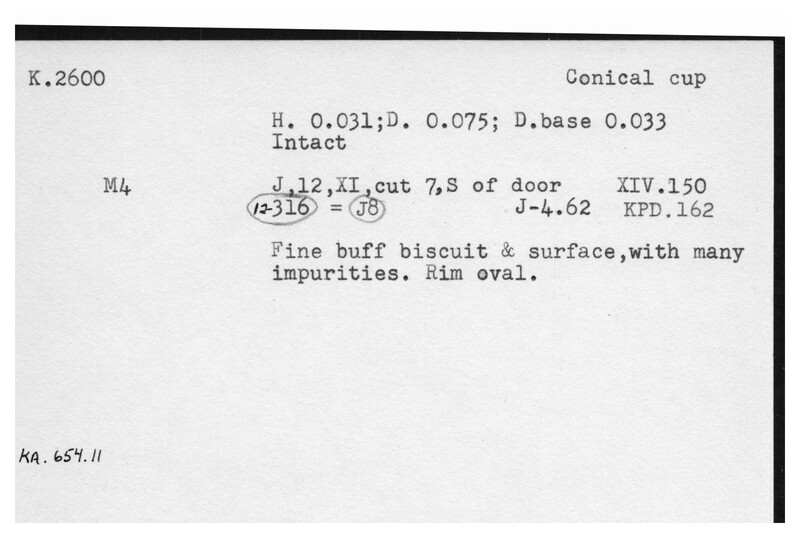 Index card with typed and handwritten information, sometimes including a sketch, of pottery from an excavation.