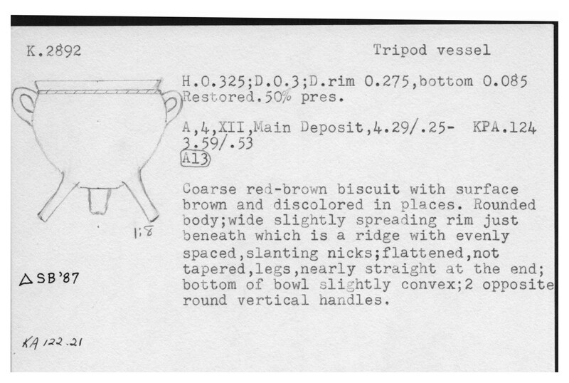 Index card with typed and handwritten information, sometimes including a sketch, of pottery from an excavation.