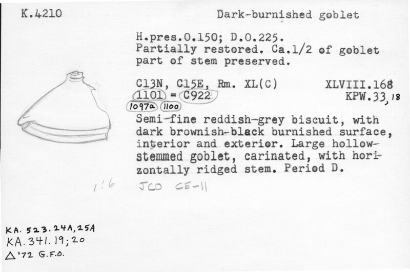 Index card with typed and handwritten information, sometimes including a sketch, of pottery from an excavation.