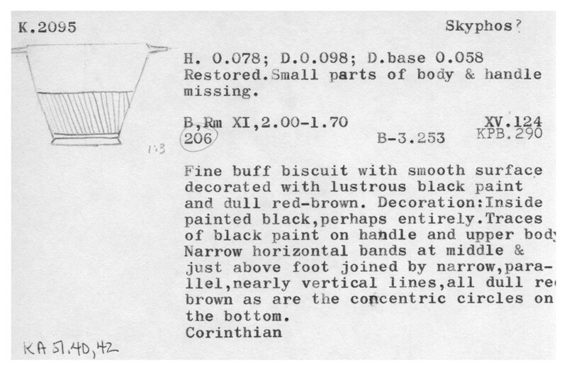 Index card with typed and handwritten information, sometimes including a sketch, of pottery from an excavation.