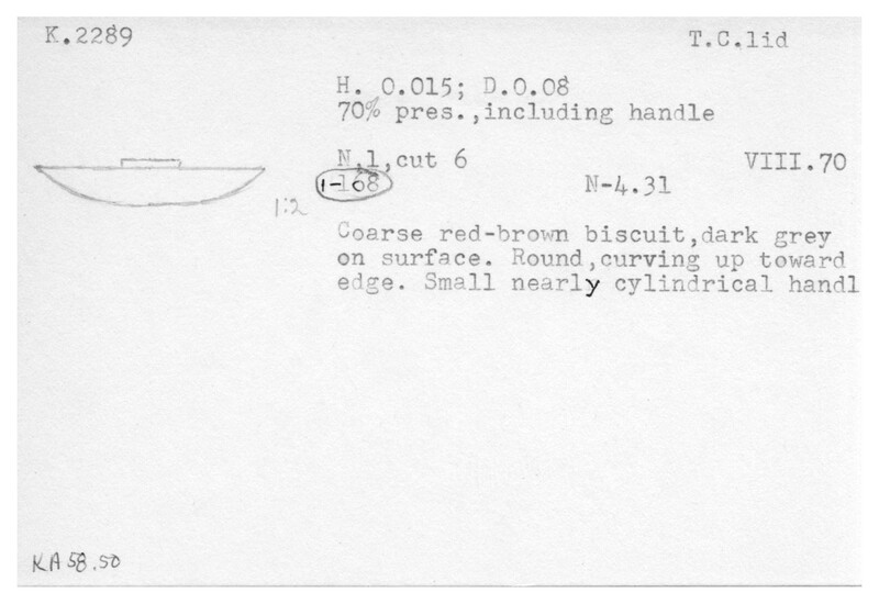 Index card with typed and handwritten information, sometimes including a sketch, of pottery from an excavation.