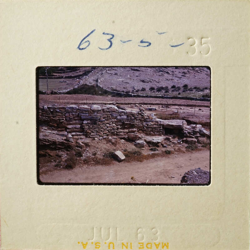 Ancient ruins with vegetation, photographed on film.