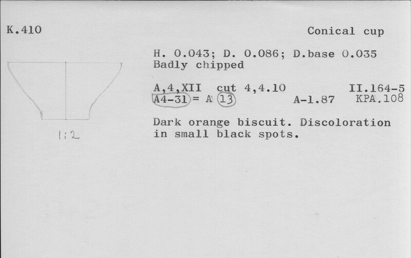 Index card with typed and handwritten information, sometimes including a sketch, of pottery from an excavation.