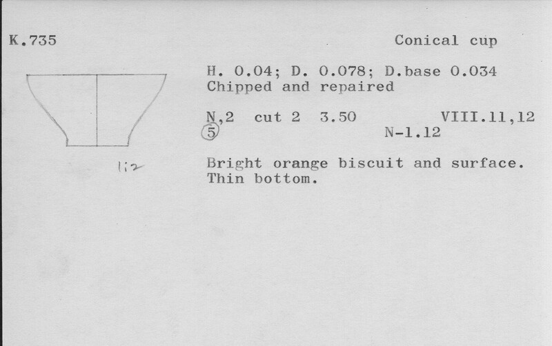 Index card with typed and handwritten information, sometimes including a sketch, of pottery from an excavation.