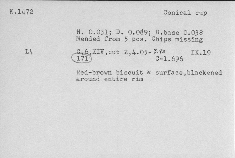 Index card with typed and handwritten information, sometimes including a sketch, of pottery from an excavation.