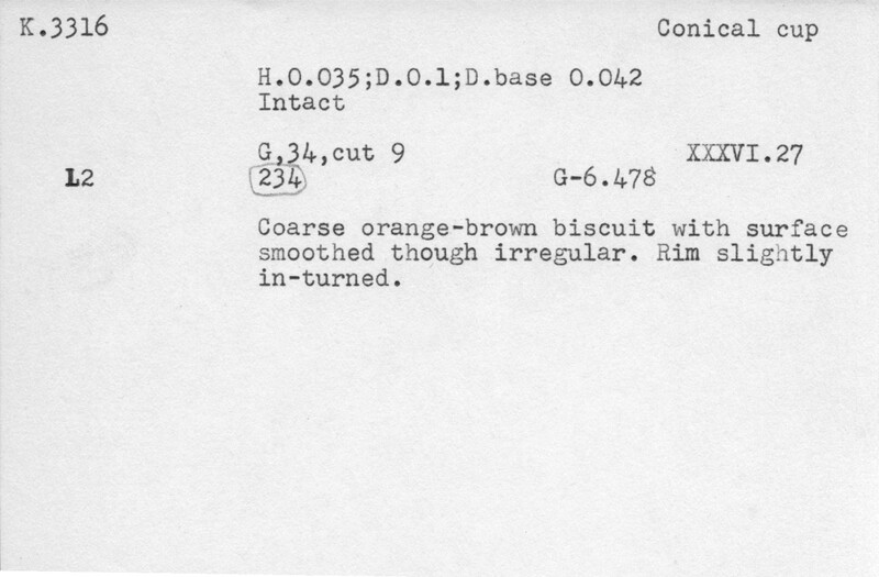 Index card with typed and handwritten information, sometimes including a sketch, of pottery from an excavation.