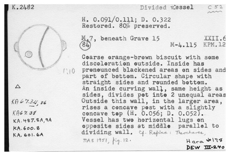 Index card with typed and handwritten information, sometimes including a sketch, of pottery from an excavation.