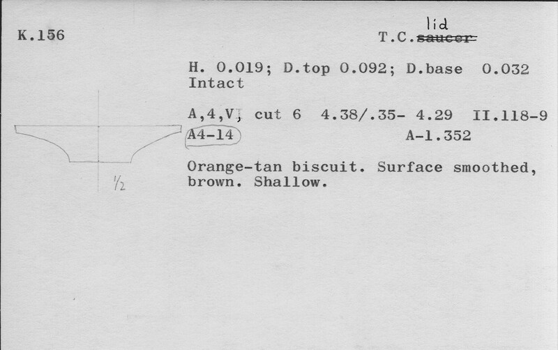 Index card with typed and handwritten information, sometimes including a sketch, of pottery from an excavation.