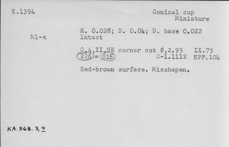 Index card with typed and handwritten information, sometimes including a sketch, of pottery from an excavation.