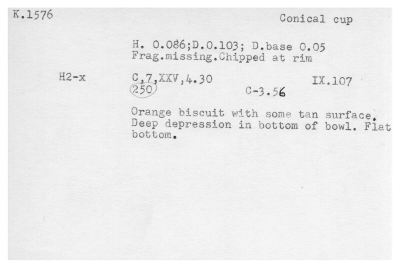 Index card with typed and handwritten information, sometimes including a sketch, of pottery from an excavation.
