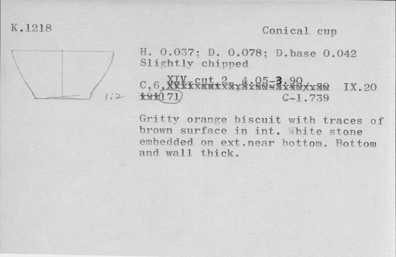 Index card with typed and handwritten information, sometimes including a sketch, of pottery from an excavation.