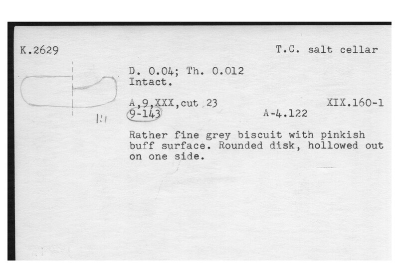 Index card with typed and handwritten information, sometimes including a sketch, of pottery from an excavation.