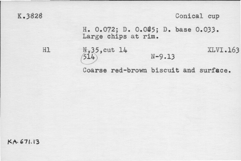 Index card with typed and handwritten information, sometimes including a sketch, of pottery from an excavation.