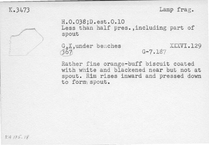 Index card with typed and handwritten information, sometimes including a sketch, of pottery from an excavation.
