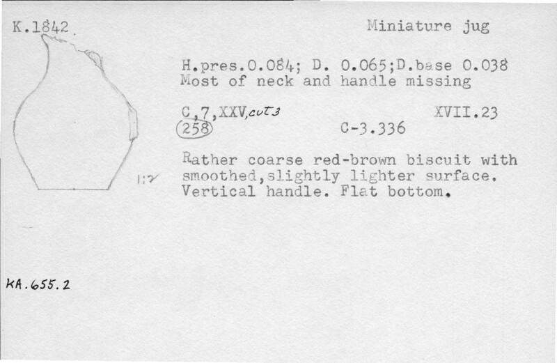 Index card with typed and handwritten information, sometimes including a sketch, of pottery from an excavation.