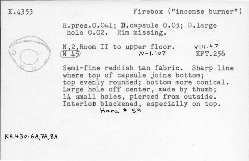Index card with typed and handwritten information, sometimes including a sketch, of pottery from an excavation.