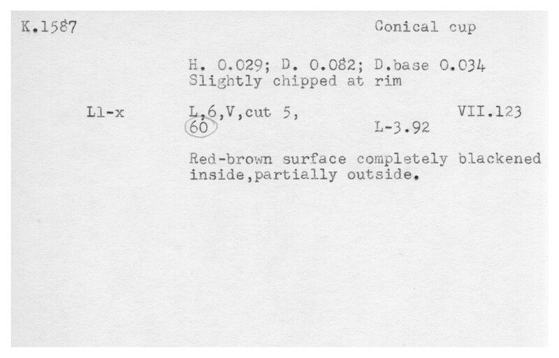 Index card with typed and handwritten information, sometimes including a sketch, of pottery from an excavation.