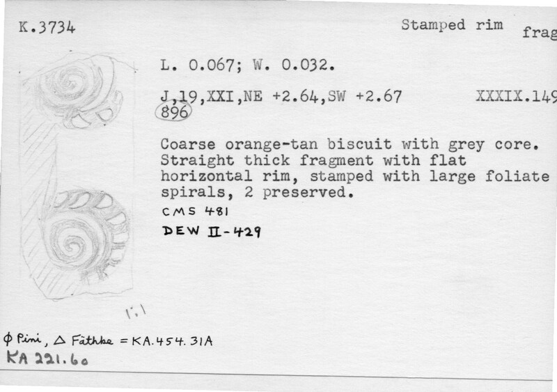 Index card with typed and handwritten information, sometimes including a sketch, of pottery from an excavation.