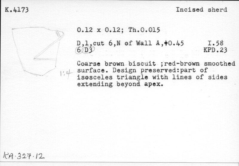 Index card with typed and handwritten information, sometimes including a sketch, of pottery from an excavation.