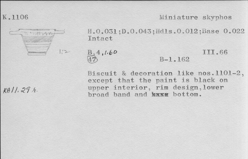 Index card with typed and handwritten information, sometimes including a sketch, of pottery from an excavation.