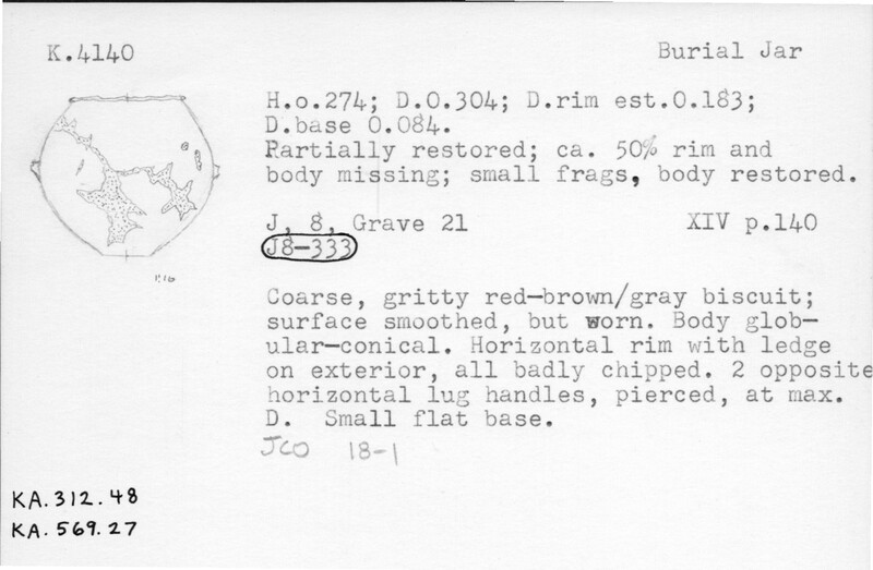 Index card with typed and handwritten information, sometimes including a sketch, of pottery from an excavation.