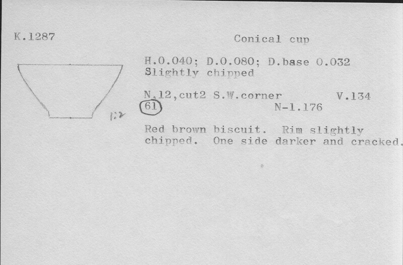 Index card with typed and handwritten information, sometimes including a sketch, of pottery from an excavation.