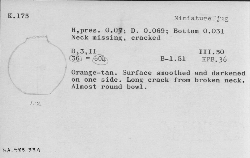 Index card with typed and handwritten information, sometimes including a sketch, of pottery from an excavation.