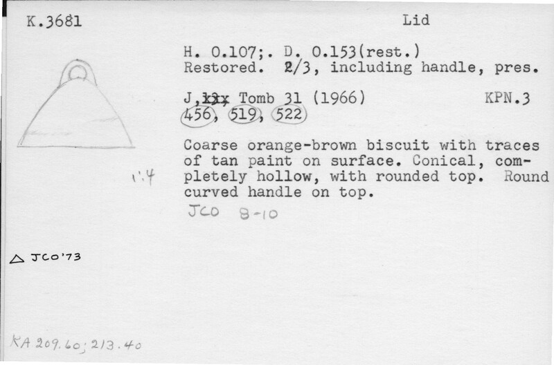 Index card with typed and handwritten information, sometimes including a sketch, of pottery from an excavation.