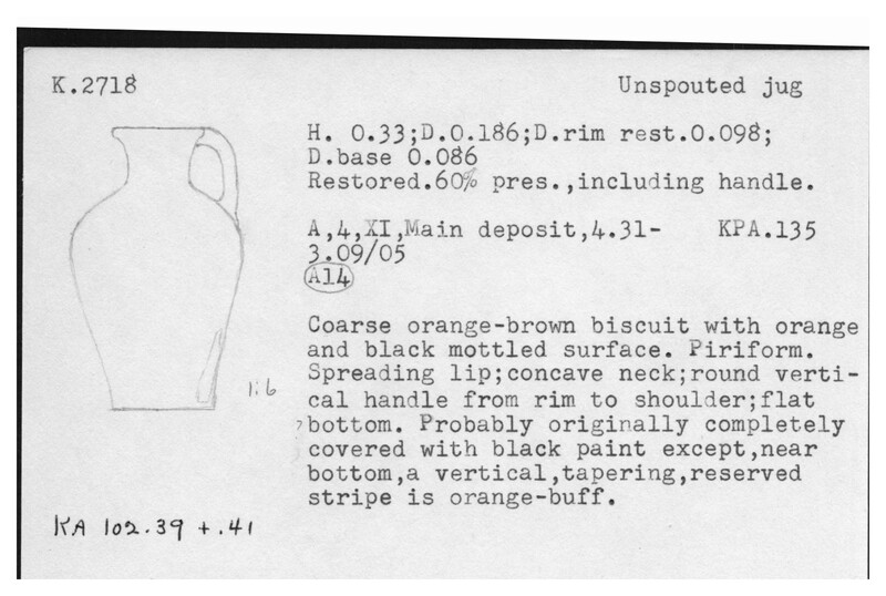 Index card with typed and handwritten information, sometimes including a sketch, of pottery from an excavation.