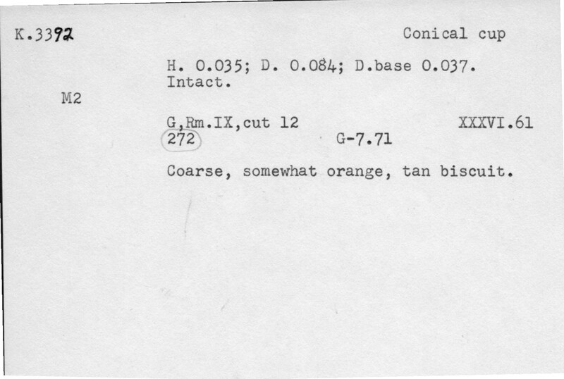 Index card with typed and handwritten information, sometimes including a sketch, of pottery from an excavation.
