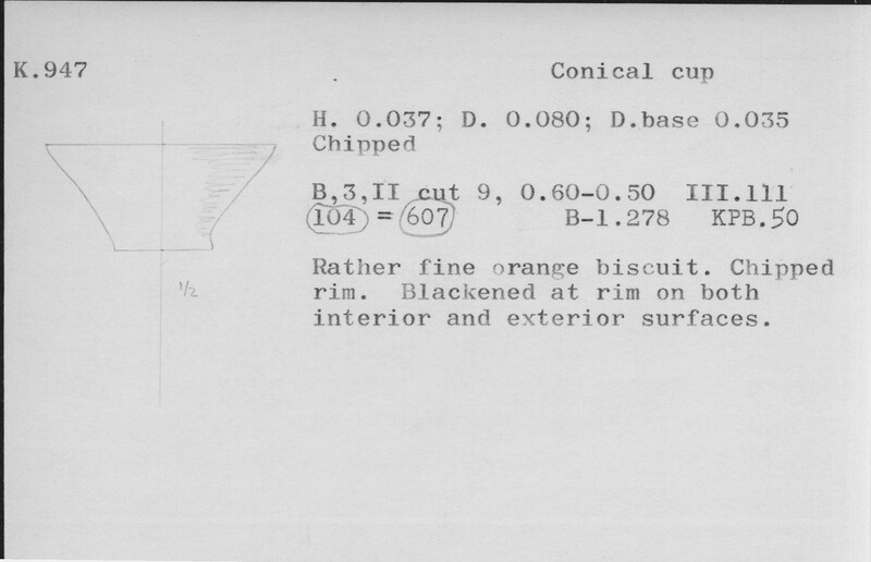 Index card with typed and handwritten information, sometimes including a sketch, of pottery from an excavation.