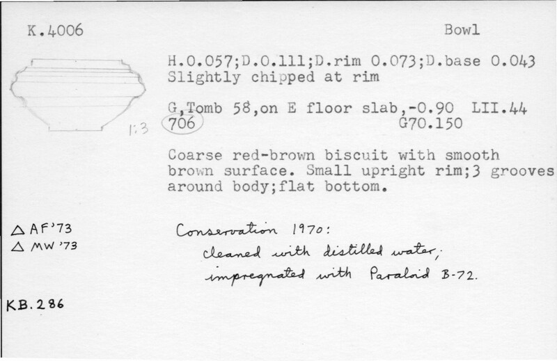 Index card with typed and handwritten information, sometimes including a sketch, of pottery from an excavation.