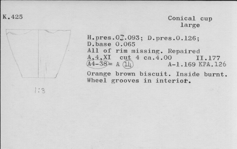Index card with typed and handwritten information, sometimes including a sketch, of pottery from an excavation.