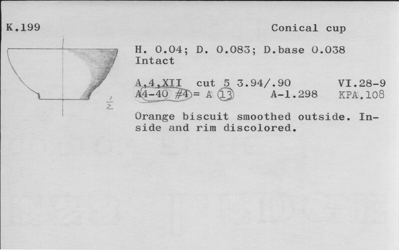 Index card with typed and handwritten information, sometimes including a sketch, of pottery from an excavation.