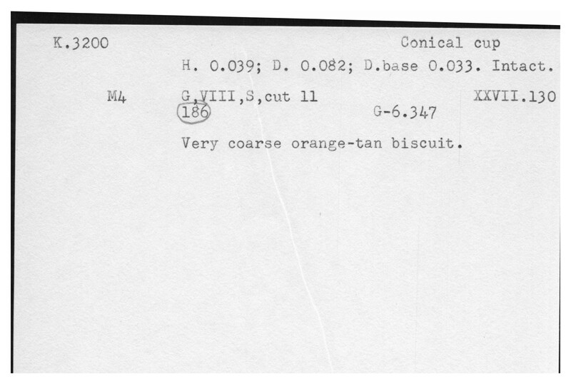 Index card with typed and handwritten information, sometimes including a sketch, of pottery from an excavation.