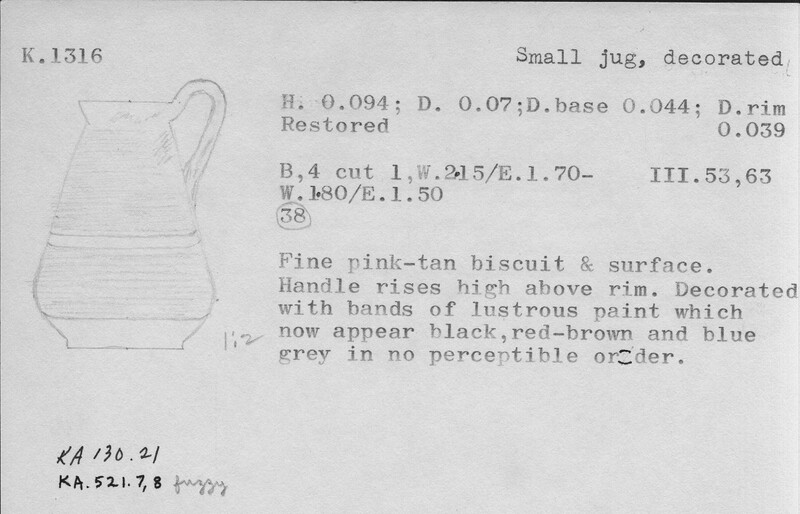 Index card with typed and handwritten information, sometimes including a sketch, of pottery from an excavation.