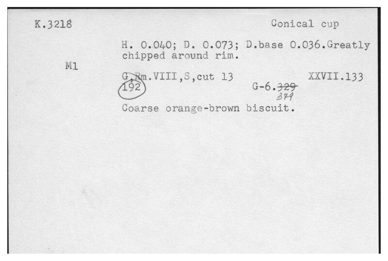 Index card with typed and handwritten information, sometimes including a sketch, of pottery from an excavation.