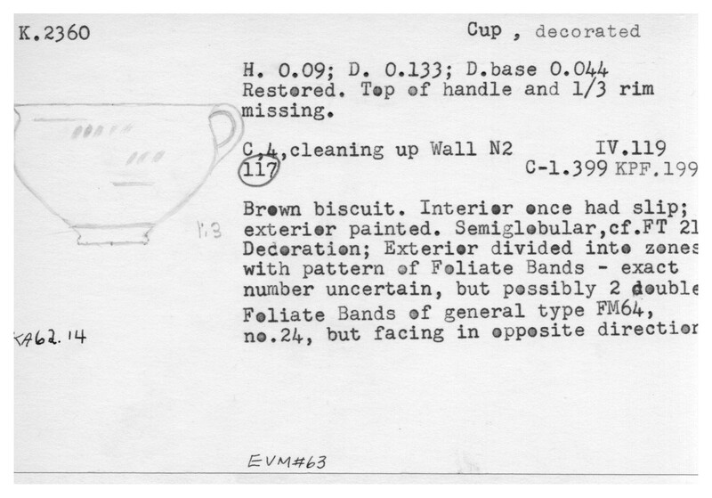 Index card with typed and handwritten information, sometimes including a sketch, of pottery from an excavation.