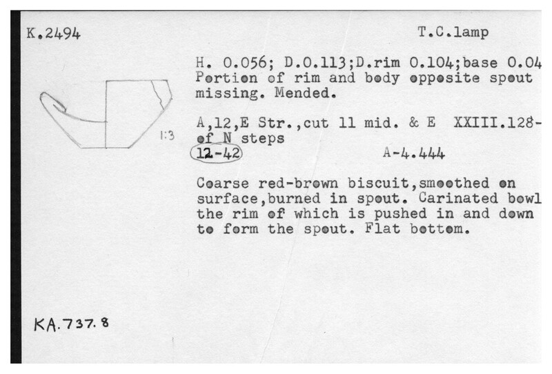 Index card with typed and handwritten information, sometimes including a sketch, of pottery from an excavation.