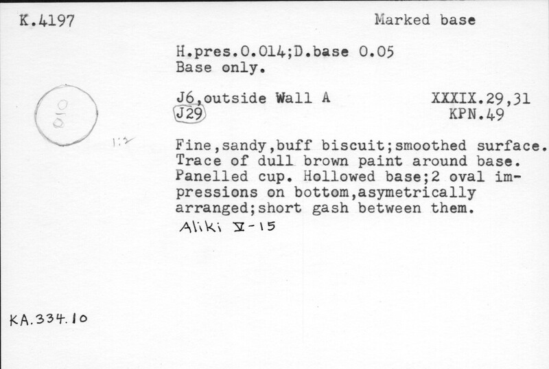 Index card with typed and handwritten information, sometimes including a sketch, of pottery from an excavation.