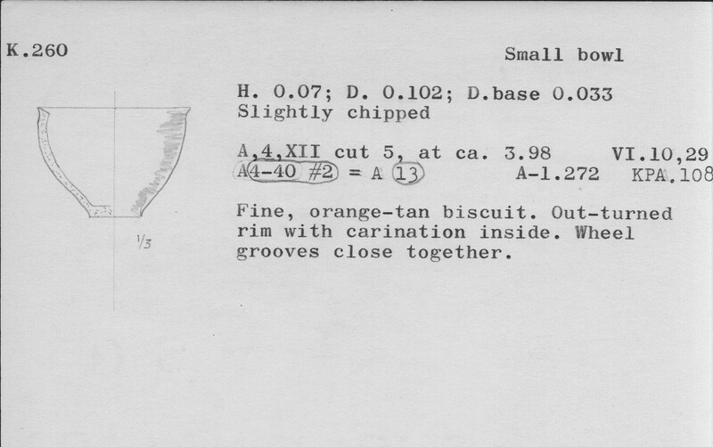 Index card with typed and handwritten information, sometimes including a sketch, of pottery from an excavation.