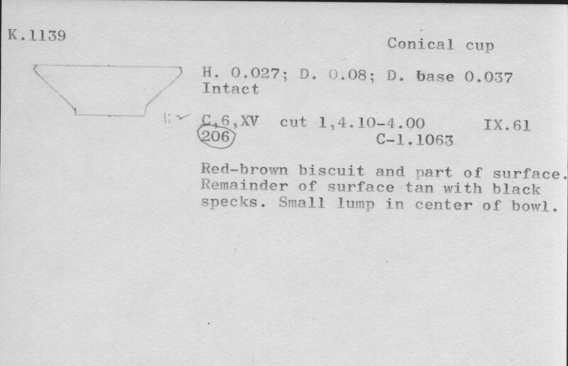 Index card with typed and handwritten information, sometimes including a sketch, of pottery from an excavation.