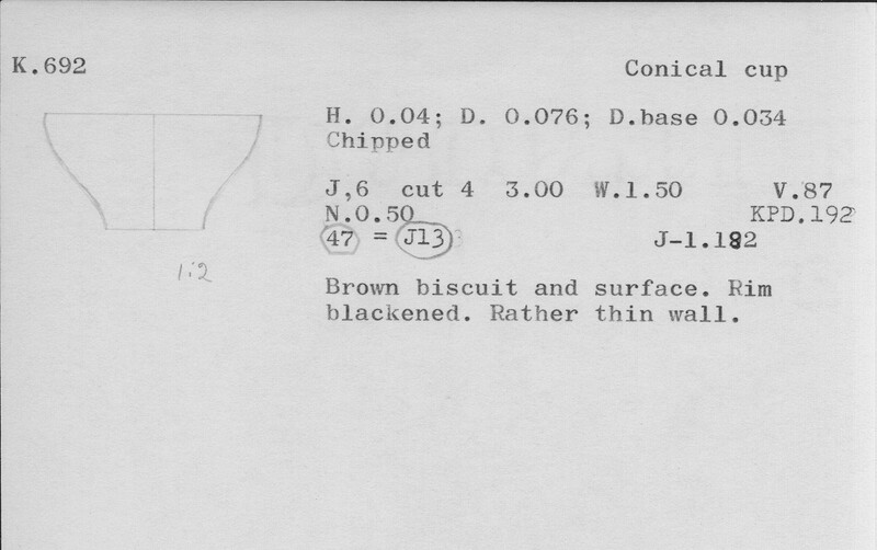 Index card with typed and handwritten information, sometimes including a sketch, of pottery from an excavation.