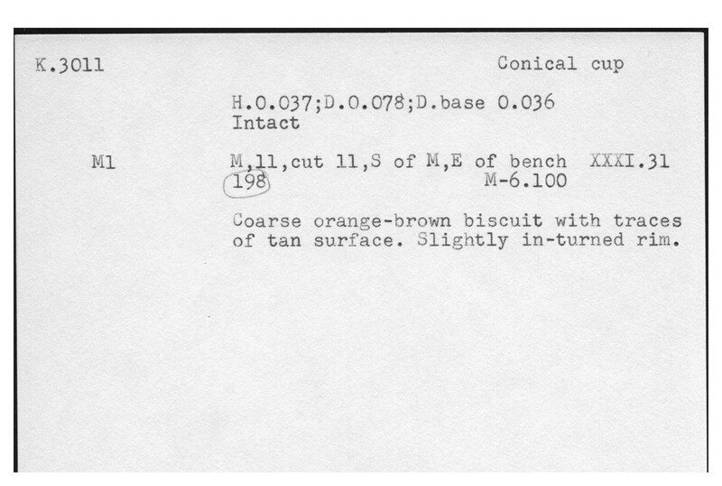 Index card with typed and handwritten information, sometimes including a sketch, of pottery from an excavation.
